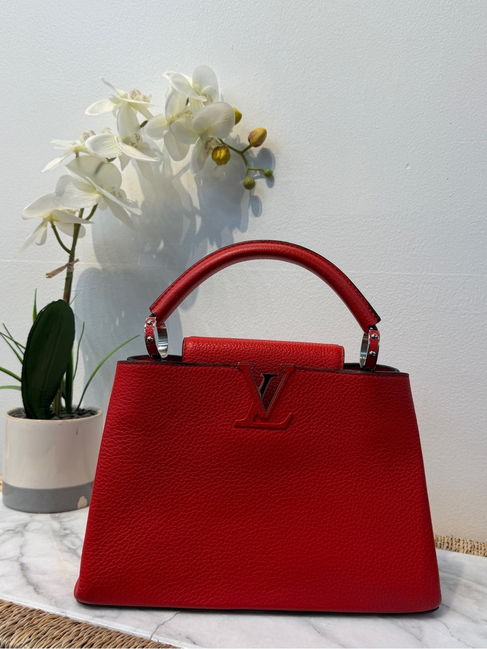 Louis Vuitton Red Top Handle Satchel with LV Logo